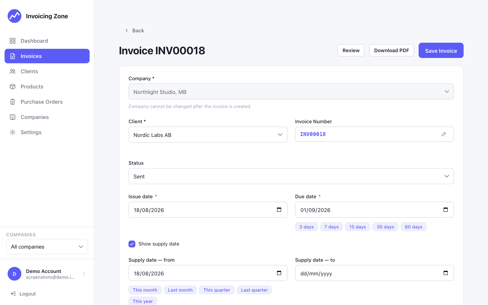 The invoice editor showing company and client selection, invoice number, status, issue and due dates, and supply period presets.