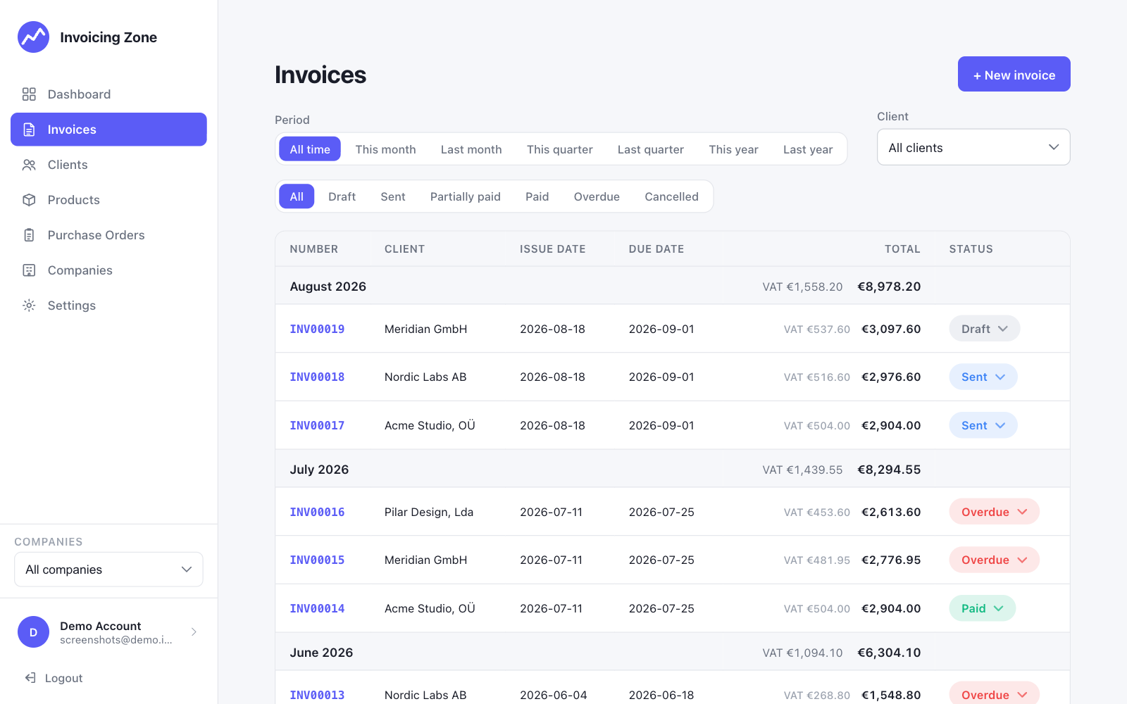 The invoice list grouped by month, showing invoice numbers, clients, dates, VAT, totals, and draft, sent, overdue and paid statuses.